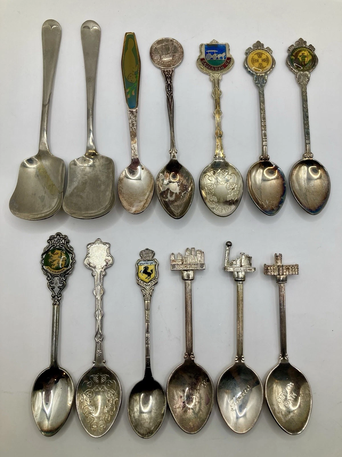 Lot Of 13 Vintage Silver Plated Spoons Souvenir Serving European & American