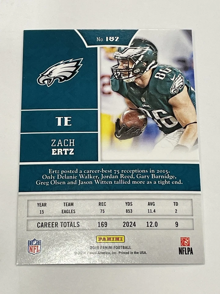2016 Panini Football #182 - Zach Ertz - Philadelphia Eagles - Image 2 of 2