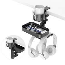 Desk Cup Holder set with 2 Headphone Hooks Universal Bracket Black