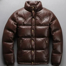 Men's Brown Puffer Jacket Genuine Leather Lambskin Quilted Down Puffer Jacket
