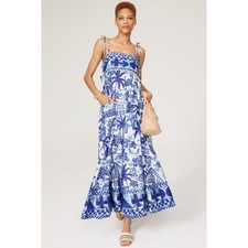 Farm Rio Sweet Blue White Tropical Coastal Beach Print Resort Vacation Dress L