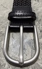 Black Grey Braided Stretch Belt Genuine Leather Trim Silver Buckle