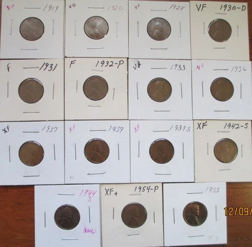 1919-1955 P, D & S V G to Uncirculated Lincoln Cents Set, a 15 coin assortment