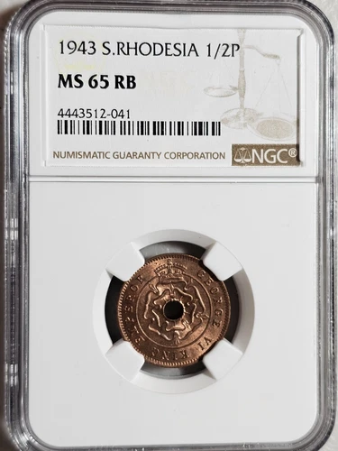 Southern Rhodesia 1/2 Penny 1943 NGC MS 65 RB