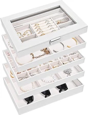 5-Layer Stackable Jewelry Tray Box, White Organizer Case with Lid for Dresser