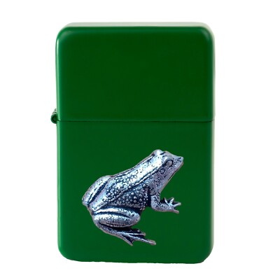 #ad A14 Frog Pewter design on a GREEN flip top petrol lighter windproof GBP 14.95