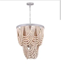 Canarm Leora 5-Light Brushed Grey Chandelier with Natural Real Wood Beads