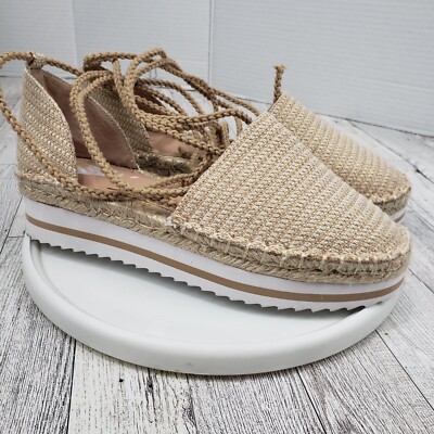 JLO Jennifer Lopez Larenn Gold Espadrille Platform Slip-On Ankle Tie | Size 6M