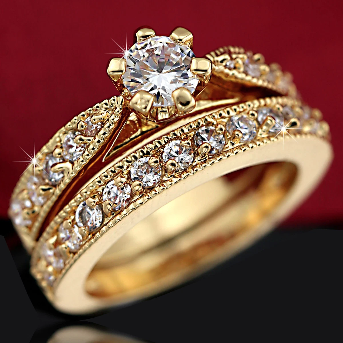 18K YELLOW ROSE WHITE GOLD GF SOLID 1CT ENGAGEMENT WEDDING RING SET LAB DIAMOND
