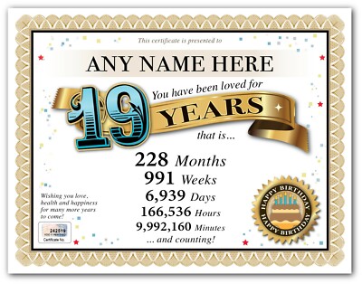 PERSONALIZED HAPPY 19th BIRTHDAY CERTIFICATE CARD 19 Year Old