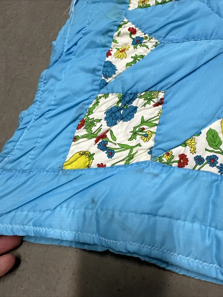 Edredón vintage antiguo hecho a mano azul floral estrella algodón primitivo rústico como está Foto 4 de 4