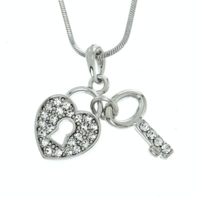 Key Heart Lock Pendant Chain Made With Swarovski Crystal Clear