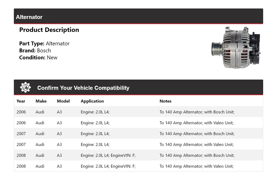 For 2006-2008 Audi A3 2.0L L4 Bosch Alternator (New) 2007 - Изображение 2 из 4
