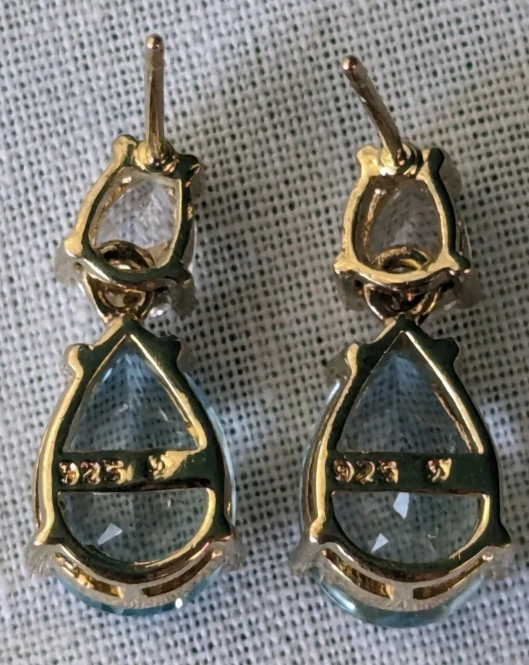 Pendientes vintage de plata de ley enchapados en oro lágrima piedras preciosas azules y transparentes Foto 4 de 4