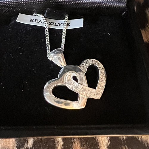 Sterling Silver Dual Entwined Hearts Necklace 925 Cubic Zirconia Stones