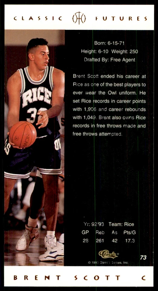 1993-94 Classic Futures Brent Scott Basketball Cards #73 - Image 2 of 2