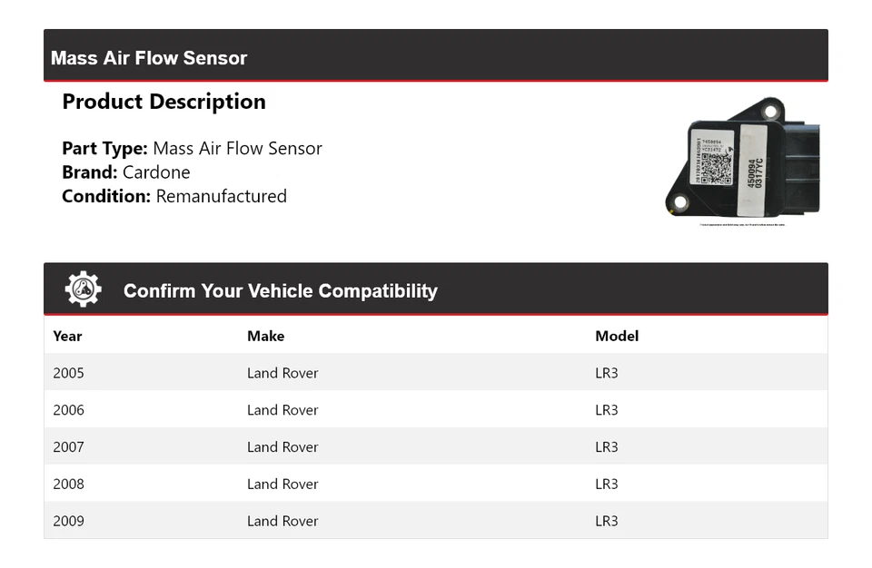 Sensor de flujo de aire másico Cardone 2006 2007 2008 para Land Rover LR3 2005-2009 Foto 2 de 4