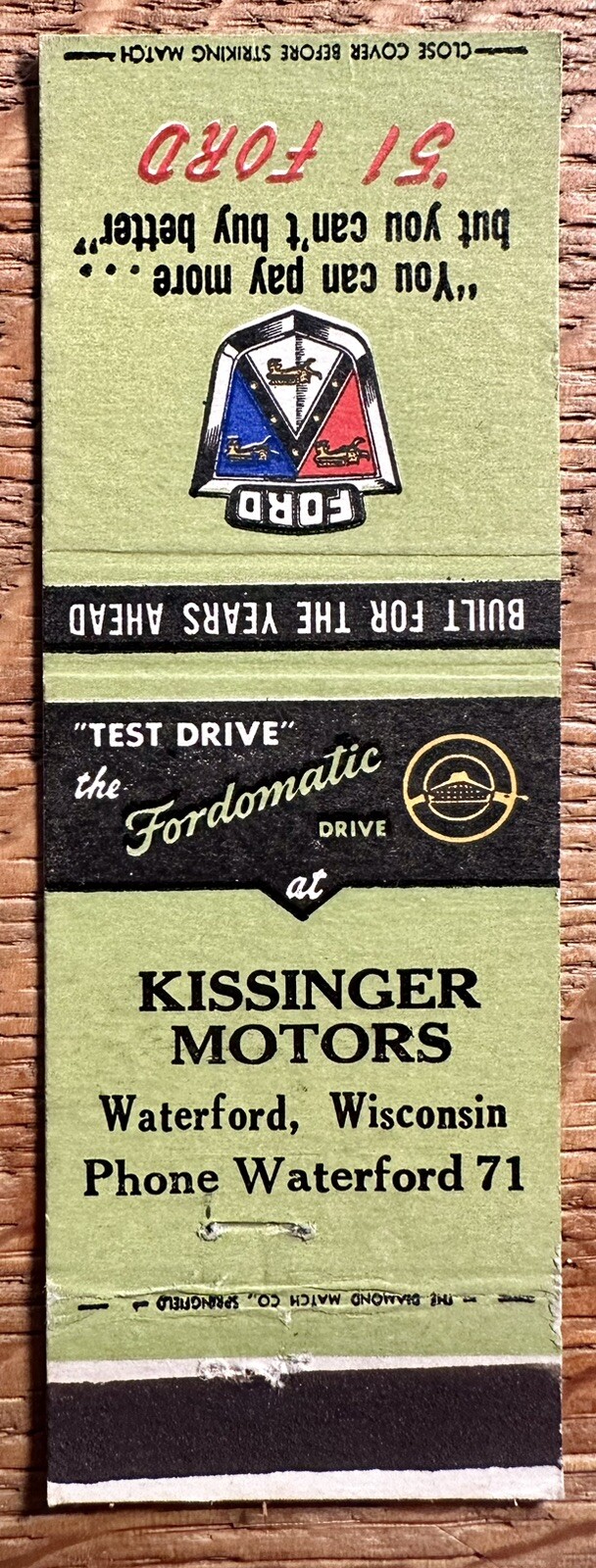 Matchbook Cover 1951 Ford Dealer Kissinger Motors Waterford