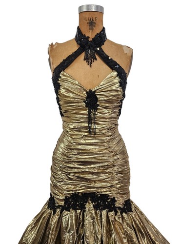 Vtg 80s Prom Dress XS Mermaid Gold Lame Halter Metallic Ruched Pageant Gown - Picture 4 of 19