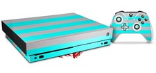 Skin for XBOX One X Console Controller Psycho Stripes Neon Teal Gray Decal
