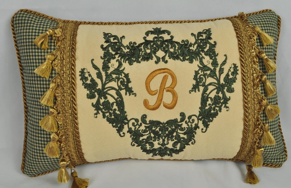 Personalized Embroidered Pillow made w Cream Faux Suede & Green Gingham Fabric - Image 2 of 4