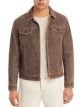 John Varvatos Men's Brown Andrew Leather Trucker Jacket, 50