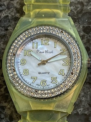 Unisex Wristwatch VINTAGE Pierre Nicol Quartz Watch Abalone Bling Yellow Band
