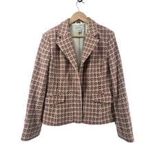 Talbots Blazer Womens 12 Pink Tweed Italian Fabric Plaid Button Front Lined USA