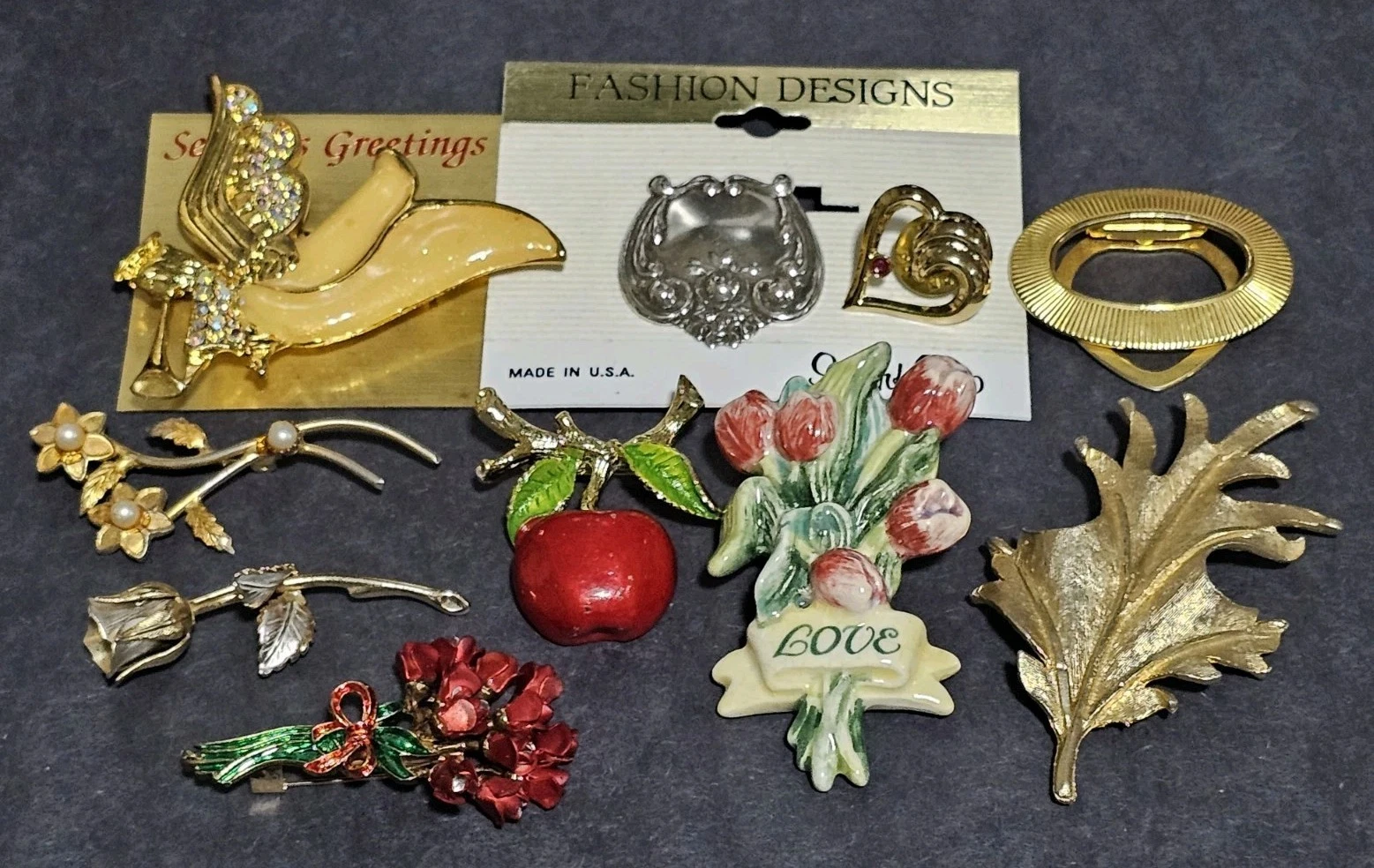 Estate Costume Enameled Goldtone Silvertone Floral Broochs Scarf Pins Lot 10