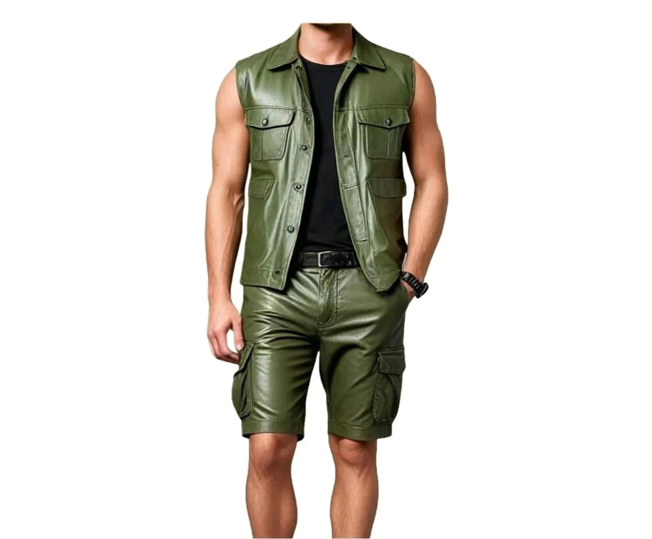 Men's Cowhide Leather Motorcycle Style Sleeveless Shirt & Short Complete Suit