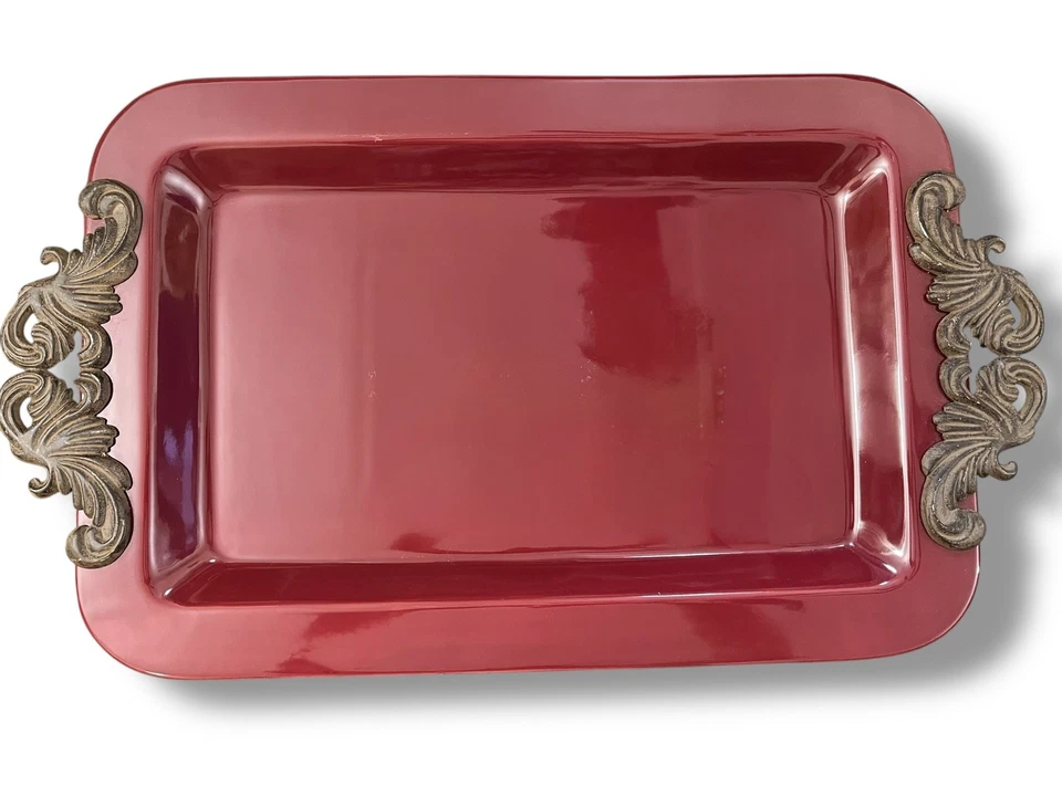 GG Collection Burgundy Gracious Goods Rectangular Tray w/ Metal Handles 24"x14" - Image 2 of 4