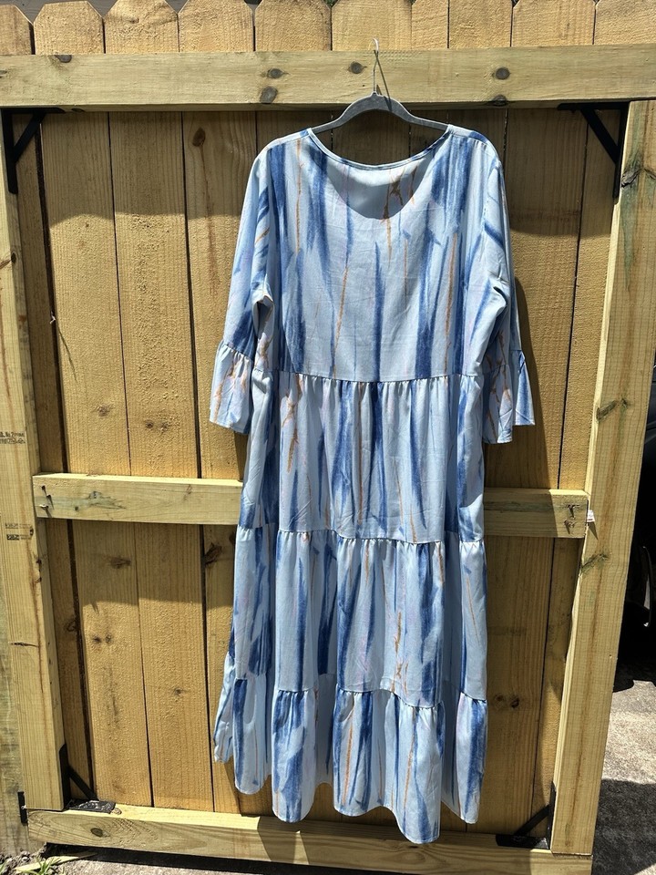 MOHSHI 2XL Blue Abstract Tiered Ruffle V-Neck 3/4 Bell Sleeve Midi ...