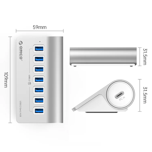 USB hub 7 poorts Multi uitbreiding USB-A Splitter ORICO M3U7 3.2 5Gbps Aluminium - Afbeelding 5 van 5