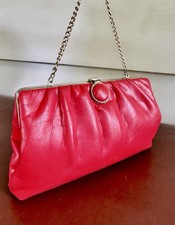 Vintage Red Faux Leather Clutch Handbag Hinged Frame Latch Purse Chain Strap