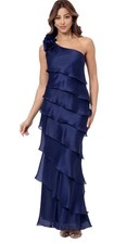 XSCAPE Women's Blue Tiered Chiffon One-Shoulder Dress Size 16