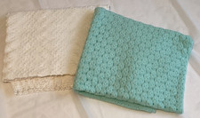 Lot of 2 VTG Handcrafted Baby Blankets Ivory Aqua Mint 40x40