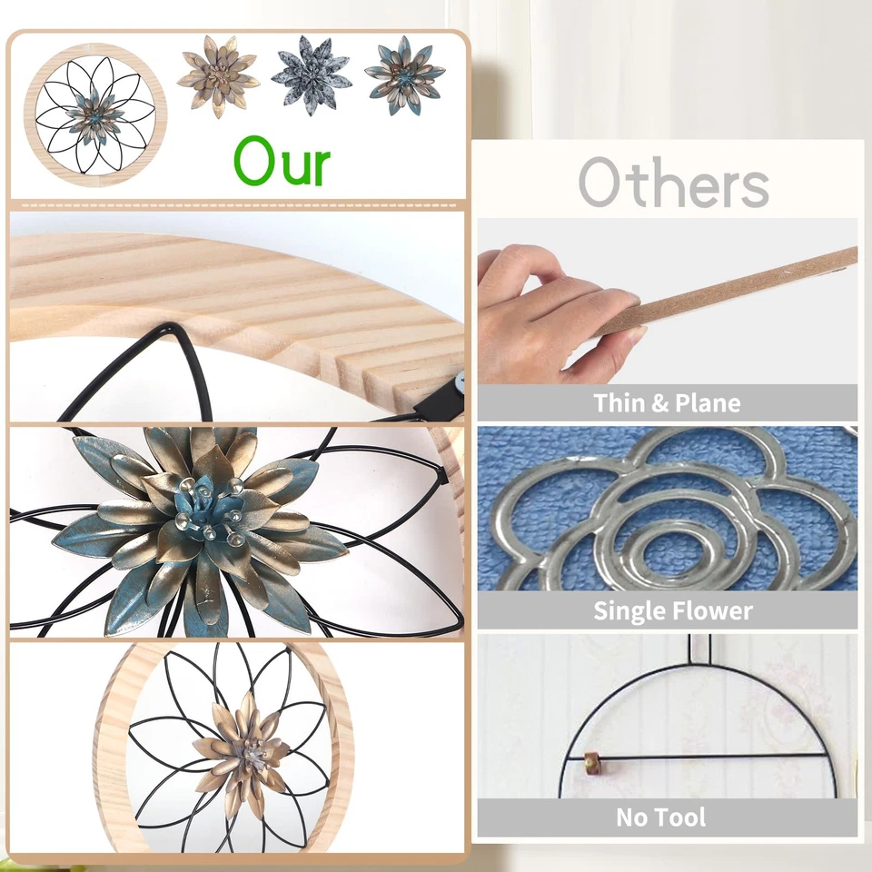 3pcs Ultra-thick Rustic Wall Decor, Wooden Frame Iron Flower Farmhouse Hangin... - Image 2 of 4