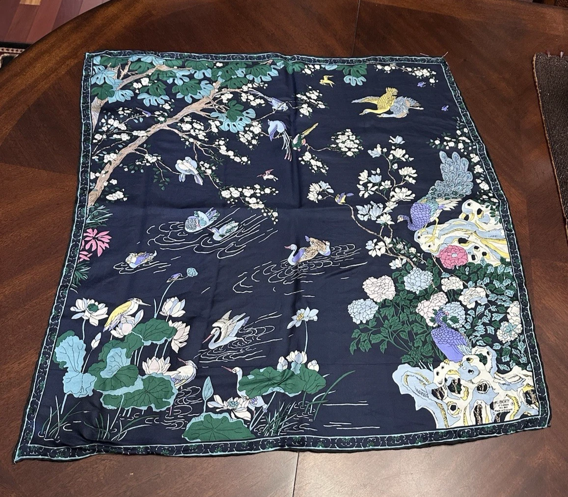 Vintage Liberty of London Chinoiserie Silk Scarf Peacock Bird Print Wearable Art