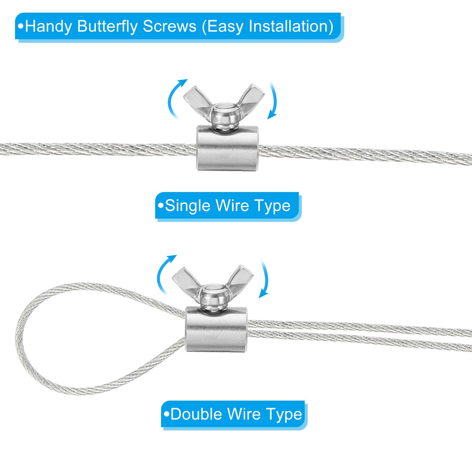 7mm Hole Wire Rope Clips, 2Pcs Single Hole Wire Clamps Butterfly Screws, Silver