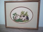 Framed Finished  Vintage Cross Stitch Two Rabbits Bunnies in the Grass — photo 1