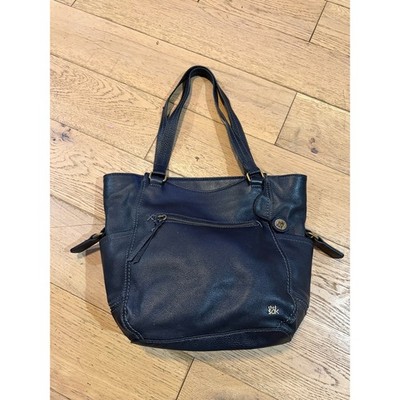 The Sak Navy Black Leather Tote Bag Shoulder Bag Zip Top Interior Pockets