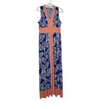 WISP Ella Jersey Maxi Dress Sleeveless V-Neck Tropical Print Blue Orange Size 12
