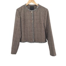 Mina Self Coffee Brown Metallic Tweed Bouclé Blazer Size XL Fringe Gold Buttons