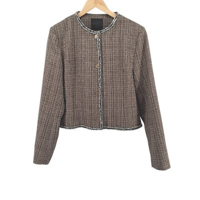 Mina Self Coffee Brown Metallic Tweed Bouclé Blazer Size XL Fringe Gold Buttons
