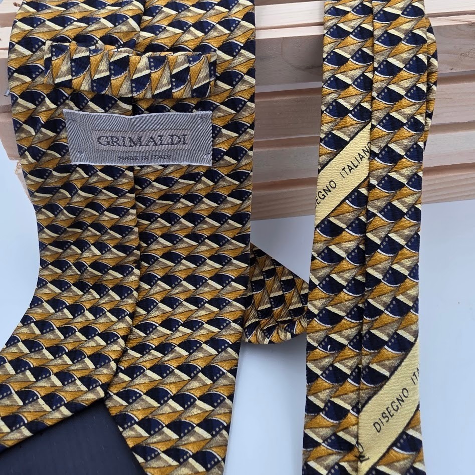 Grimaldi Mens Silk Tie Gold Navy Blue Geometric Abstract Made in Italy Necktie