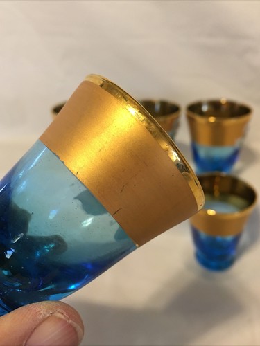 Vtg Blue Gold Italian Enamel Hand Painted Art Glass Decanter Set 6 shot glasses - Picture 19 of 24