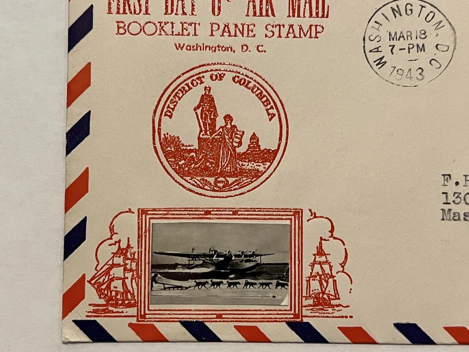 1943 WASHINGTON DC GLOSSY RED FIRST DAY 6C AIRMAIL BOOKLET PANE STAMP COVER — 第 3/4 张图片