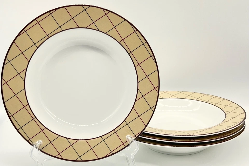 JUEGO DE 4 CUENCOS DE SOPA RAROS 1999 RALPH LAUREN GARRISON CON BORDE A CUADROS, EXCELENTE ESTADO Foto 4 de 4