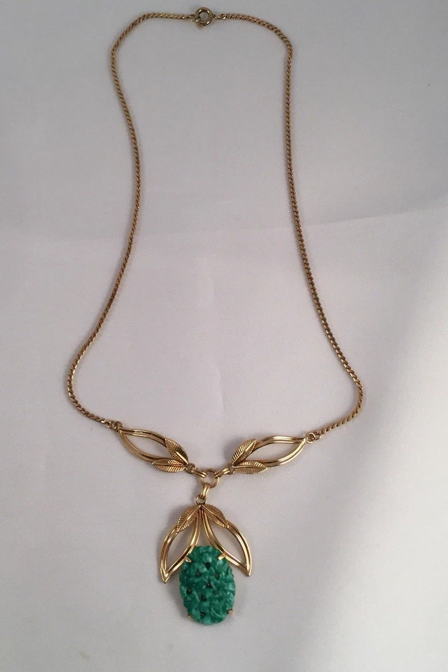 Joyería Vintage Collar Cadena Oro Jade Verde Vidrio Pekín Colgante Joyería   Foto 2 de 4