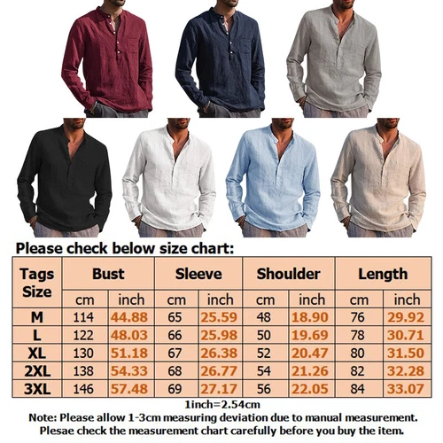 T-shirt uomo manica lunga cotone lino casual tinta unita bottoni scollo a V - Foto 3 di 25